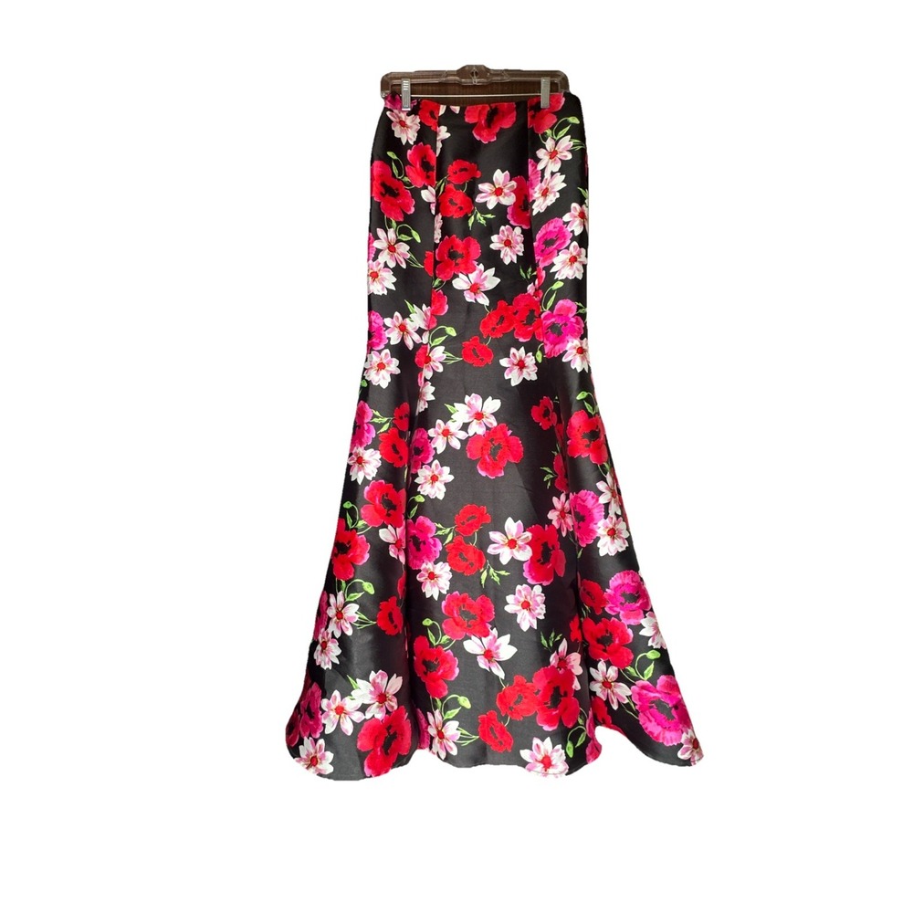 Bee Darlin Floral Mermaid Maxi Skirt Black Red Poppy Tulle Lined Size 9/10